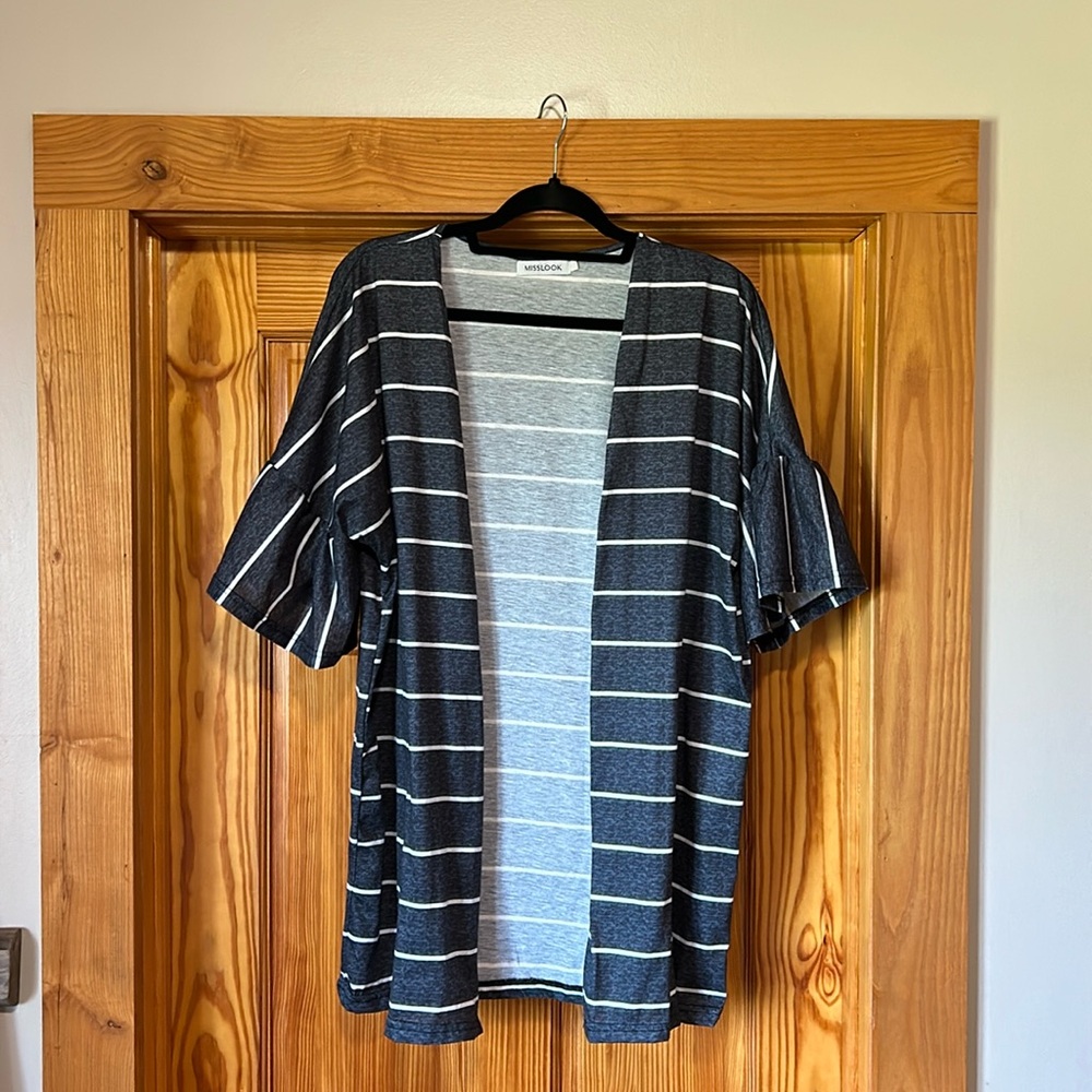 Short sleeve charcoal gray and white stripe summer jacket.